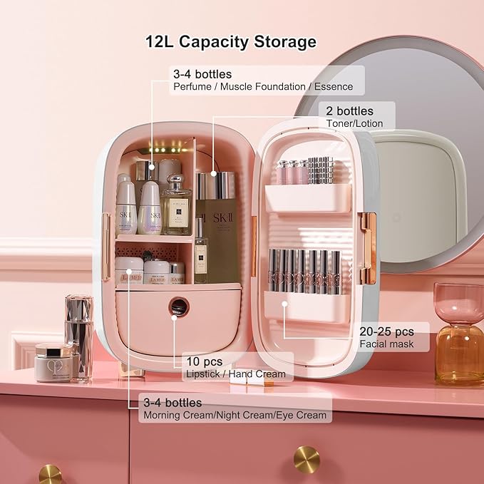 Skincare Fridge 12 Liter, Beauty Fridge for Comestic storage 10°C/50°F + Intelligent Constant Temperature Control Mini Refrigerator, White Compact Cosmetics Refrigerator for Makeup Lipstick