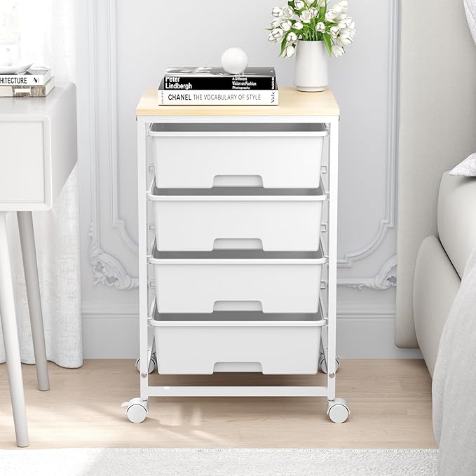 Utility Cart with 4 Drawers, Multipurpose Rolling Storage Cart with 4 Drawers and 2 Lockable Wheels, 4-Tier Rolling Storage Cart Organizer for Home Office Dorm, Bright White