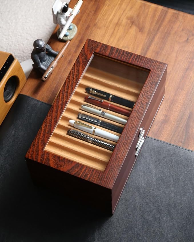 Wood Fountain Pen Case, 24 Slot Storage Organizer with Drawer, Glass Top Display Box for Collection