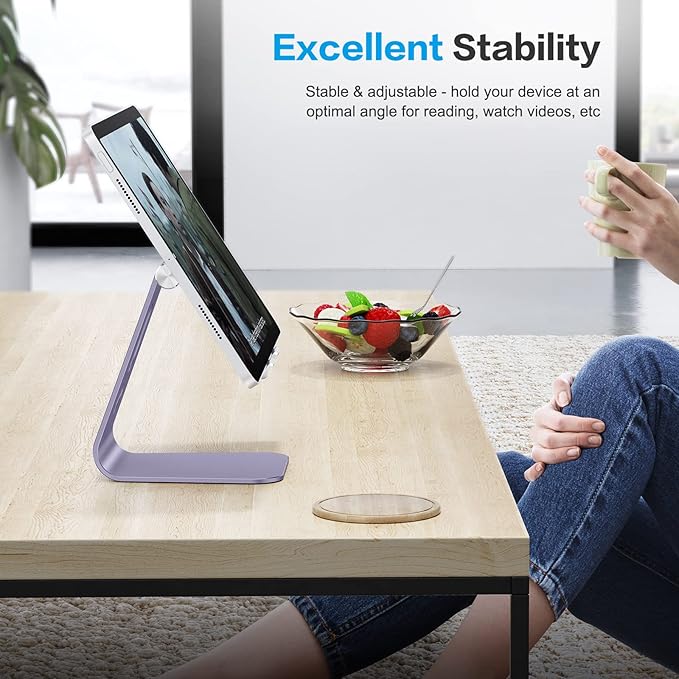 OMOTON Adjustable Tablet Stand for Desk, Upgraded Longer Arms for Greater Stability, T2 Tablet Holder with Hollow Design for Bigger Sized Phones and Tablets Such as iPad Pro/Air/Mini, Purple