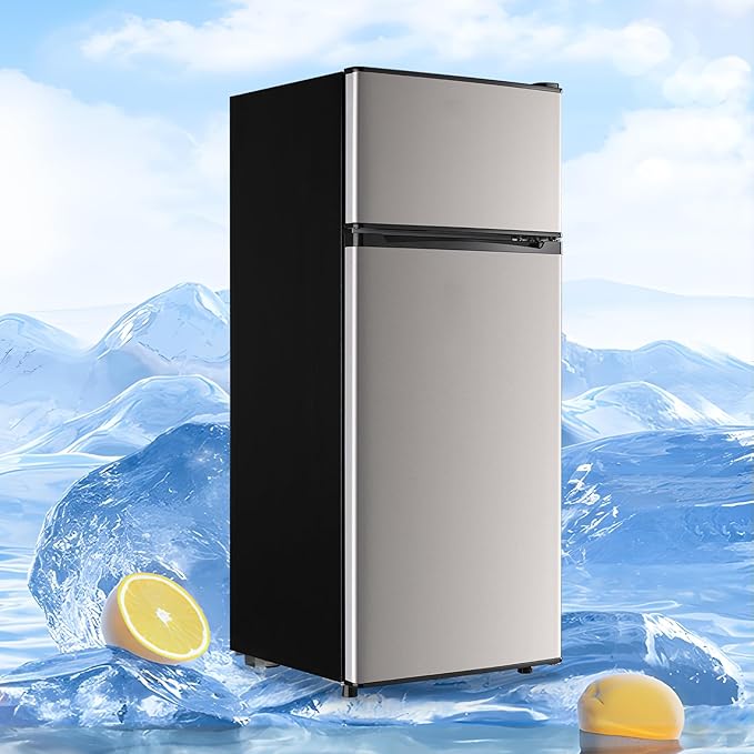 5.0 Cu.ft Mini Refrigerator with Freezer Small Fridge Drink Holder Double Door Refrigerator Adjustable Glass Shelves for Home,Apartment,Office Silver