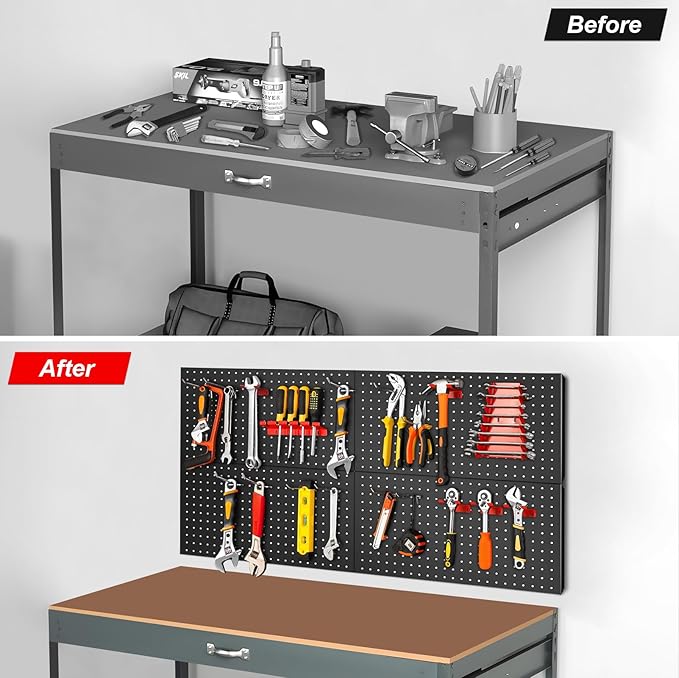 4Pcs Metal Pegboard Panels 24"x12" for Wall，Peg Boards for Garage Tools Pegboard Storage Organizer for Workbench, Shop,Bathroom,Office and Gaming Setup (Black, 24" x 12")