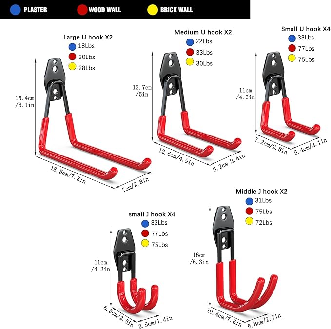 3-H Garage Wall Hooks 14 Pack,Garage Hooks Heavy Duty with Extra Welding Spots,Garage Hooks for Hanging,Garage Organizer for Garden,Lawn,Yard Tools,Chairs,Ladders,WeedEater,Shovel,Blower(Red)