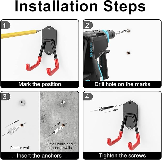WALMANN 12 PCS Garage Storage System Hooks, Wall Mount Heavy Duty Rubber Coated Utility Hooks for Garden Tools, Ladders, Cords, Folding Chairs, Weed Eaters, Shovels and Rakes