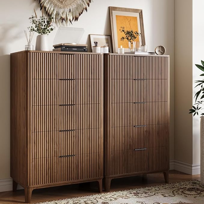 Fluted Dresser for Bedroom with 5 Drawers Set of 2, 45" Large Closet Clothes Wood Tall Dresser Storage Organizer, Mid Century Modern Chest of Drawers with Deep Storage Walnut