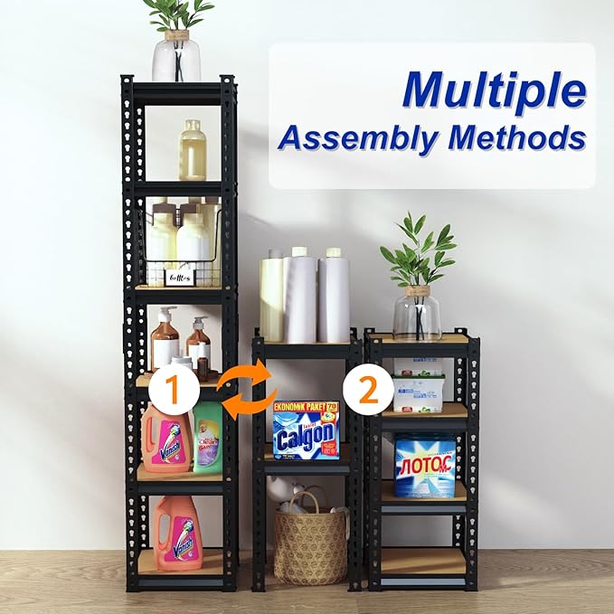 Karl home 6-Tier Metal Shelving Unit, Heavy Duty Shelf Organizer & Storage Rack,Adjustable Height Storage Shelve, Black Metal & Natural Wood Display Shelf for Garage, Kitchen, Pantry