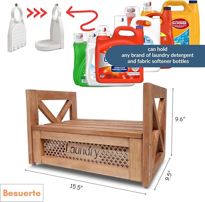 Farmhouse Wooden Laundry detergent stand - Besuerte Detergent Holder Station Shelf for Laundry Room - Laundry Organizers and Storage-Liquid Detergent Dispenser Holds Two Tubs, Brown