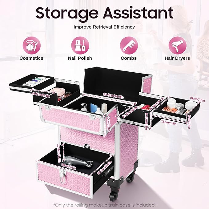 Rolling Makeup Train Case with Drawers, Portable Rolling Makeup Cart with Wheels, Pink Cosmetology Storage Cart with 6 Compartments for Makeup Artists, Hairdressers, Pet Groomers