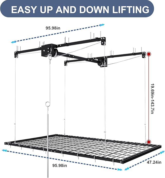 4x8FT Overhead Garage Storage Rack for High Ceilings 10-12 FT, Adjustable Garage Organization System, Heavy Duty Ceiling Storage Racks with Safety Lock,325LBS Capacity,Black