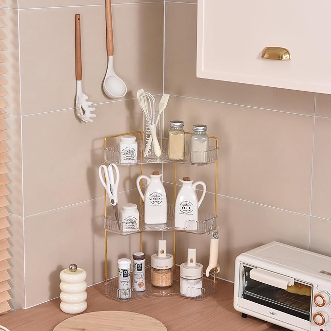 3 Tier Plastic Bathroom Sink Organizer with Hooks, Corner Bathroom Counter Organizer Makeup Storage Vanity Tray for Countertop (White Gold)