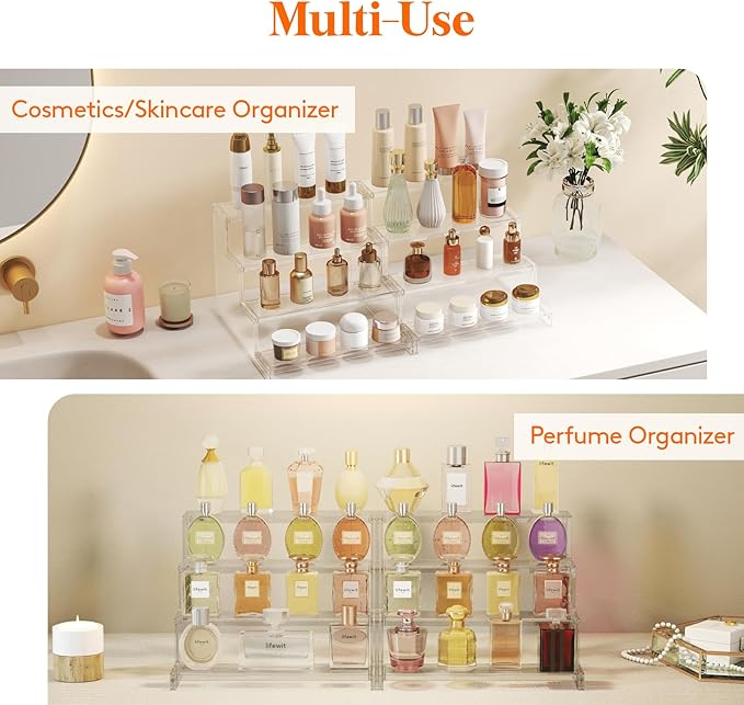 Lifewit 12 Inch Perfume Stand Organizer for Women, 4 Tier Plastic Display Riser, Tool-Free Assembly, Fragrance Makeup Cosmetics Shelf for Vanity Bedroom Bathroom Storage Organization, Clear, 2 Pcs