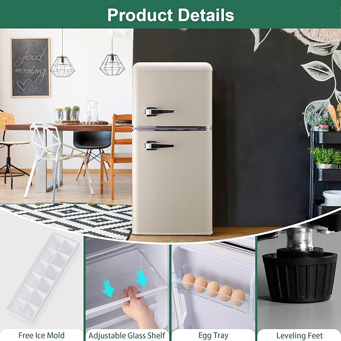 Retro Mini Fridge, 3.2 Cu. Ft. Small Refrigerator with Freezer Retro Style with 7-Level Adjustable Thermostat, Compact Vintage 2-Door Fridge for Apartments, Dorm, Office, Cream