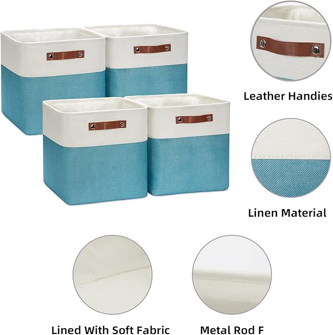 HNZIGE Cube Storage Basket(4 Pack) Collapsible Baskets for Shelves,Dog Toys,Book,12x12 Fabric Storage Cube Bins Set for Room,Office,Closet(White&Teal)