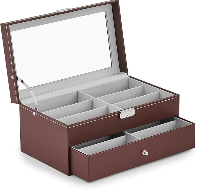 CO-Z Sunglasses Organizer with 12 Slots, Leather Eyeglasses Storage Box for Women Men, 2 Story Lockable Display Case for Multiple Glasses, Sunglasses Jewelry Collection Holder with Drawer, Brown