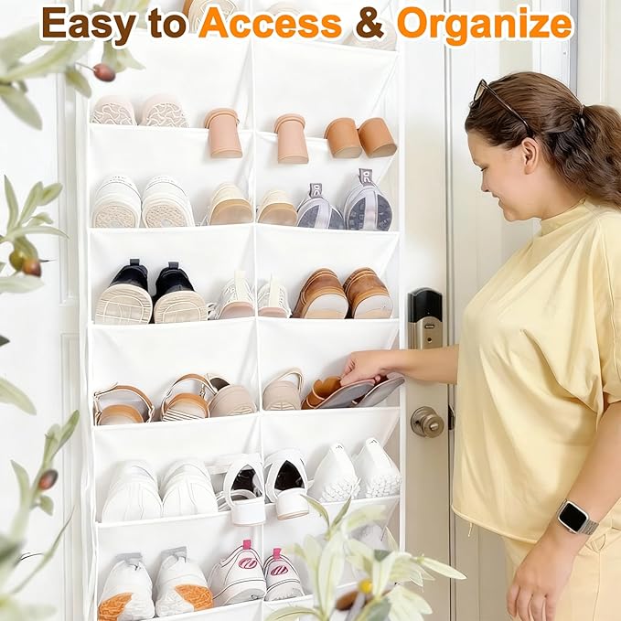 30 Pairs Over the Door Shoe Organizer, Clear Pockets Hanging Shoe Storage for Closet, 10-Tier Door Shoes Rack Storage, Handing Shoes Holder Fit All the Family's Sneakers, Boots, Heels, White