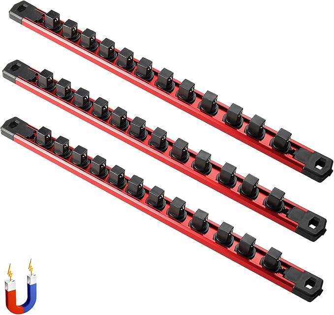 ALOANES 3-Piece Magnetic Socket Organizer, Heavy Duty Aluminum Socket Rails Organizer, 360° Swivel Clips Socket Holder Kit for Tool Box, 1/2-Inch Socket Holder x 36 Clips (Red)