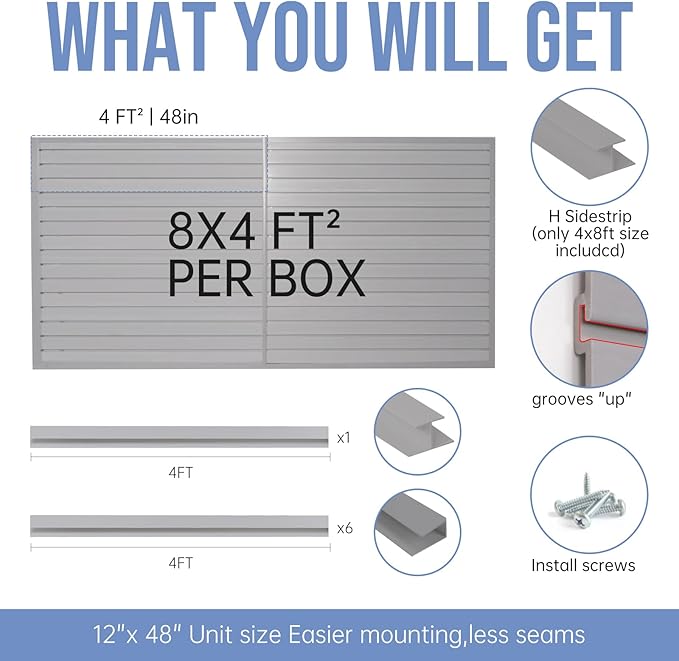 Slatwall Panels Garage Slat Wall Storage Systems 4'x 8', Slat Wall Paneling Garage Wall Organizer, Grey Slat Board PVC Wall Panels Slatwall Displays Garage Tool Organizer Wall Mount Ladder Bike Rack