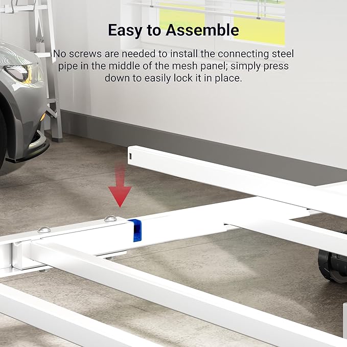 FLEXIMOUNTS 4x8 Overhead Garage Storage Rack with 6 Hooks, Adjustable Storage Organization System, Heavy-Duty Metal Ceiling Racks, 22.6" -39.4" Ceiling Dropdown, 2 Pack, White, Lite Series