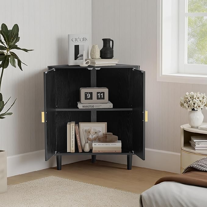 Small Corner Storage Cabinet, Modern Freestanding Floor Cabinet with Magnetic Door Lock and Adjustable Shelves, Small Space Corner Table for Bathroom, Kitchen, Dining Table, Living Room, Black