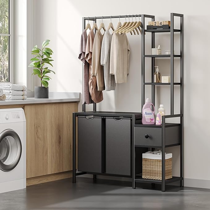 Laundry Hamper with Shelf, 5 Tiers Tall Laundry Basket Sorter with 2 Pull-Out and Removable Bags, Clothes Rack with Laundry Sorter for Laundry Room Bathroom Bedroom, Black