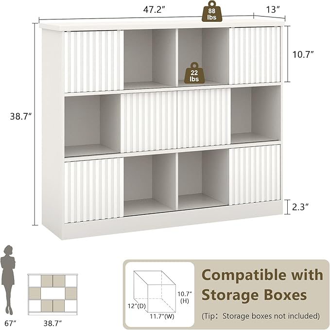 iPormis 12 Cube Bookcase with 6 Fluted Sliding Doors, 3 Tier Wooden Bookshelf, 47.2” Freestanding Cube Storage Organizer for Living Room, Office, Bedroom, Semi-Open Bookshelves, White