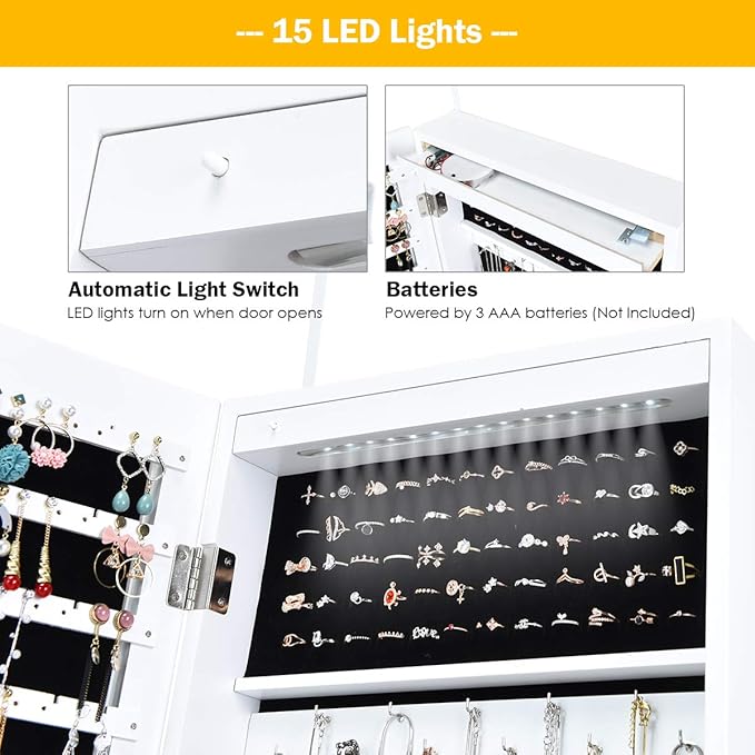 Giantex 15 LEDs Jewelry Armoire, Wall Mounted or Door Hanging, Lockable Jewelry Cabinet with Full Length Mirror, Large Storage Jewelry Organizer Box Armoire for Girls Women (14.5"W x 3.5"D x 47.5"H)