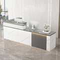 Receptionist Desk with LED Light，Wooden Salon Checkout Counter with Storage Drawer & Keyboard Tray Modern L-Shaped Reception Desk for Barbershop Office Company Store