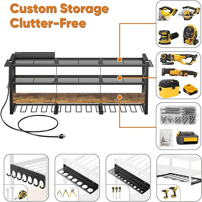 49.5" W Large Power Tool Organizer with Charging Station, 4 Layer Heavy Duty Utility Rack Loads 800lbs, Holds 8 Cordless Drills, Wall Mount Tool Shelf with 8-Outlet Power Strip, Gift for Men