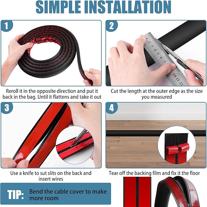 Floor Cord Covers for Wires 10FT Cable Hider Wire Coverr Self Adhesive Cord Hider Floor for Offices, Homes, Workshops, Warehouses Cable Cavity 0.47" W x 0.27" H