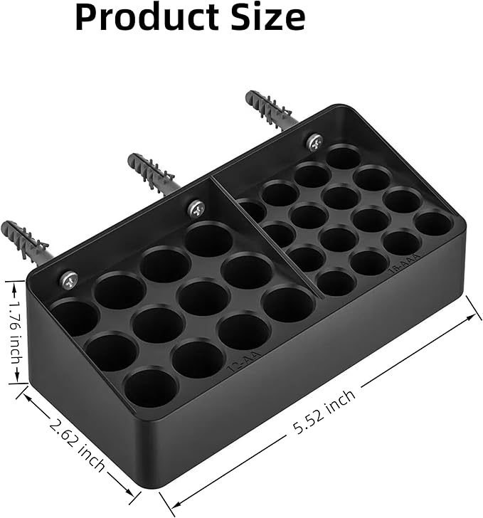 Wall Mounted Battery Storage Manager,Battery Storage Rack Suitable for 16 AAA and 12 AA Batteries, Wall Mounted on cabinets, Drawers, Walls (Storage Rack Does not Include Batteries) (Black)