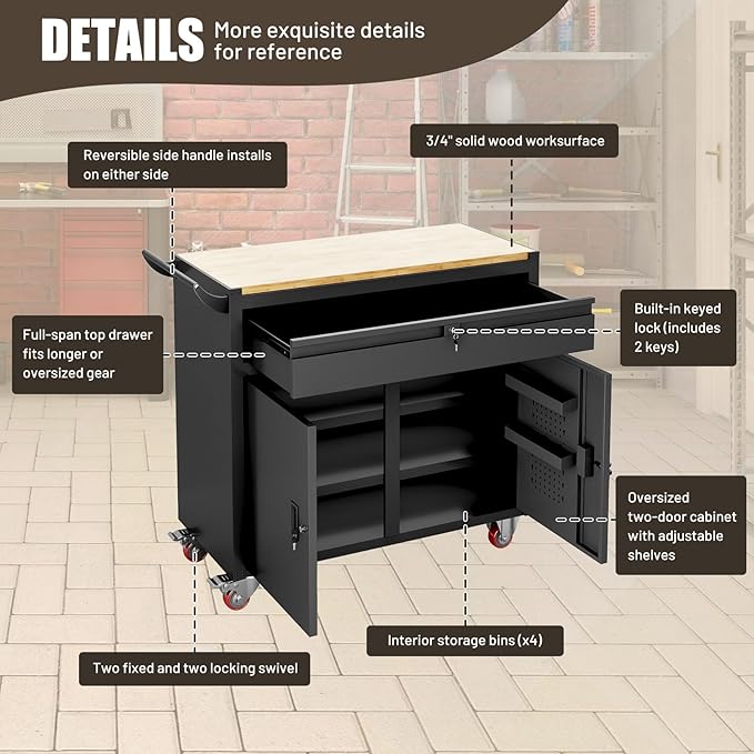 46-inch Rolling Tool Cabinet,Tool Chest Workbench with Wood Top, Casters, Handle, Drawer Liner, Locking System,Tool Storage Workstation with 1200 lb for Warehouse, Factory, Auto Service Bays
