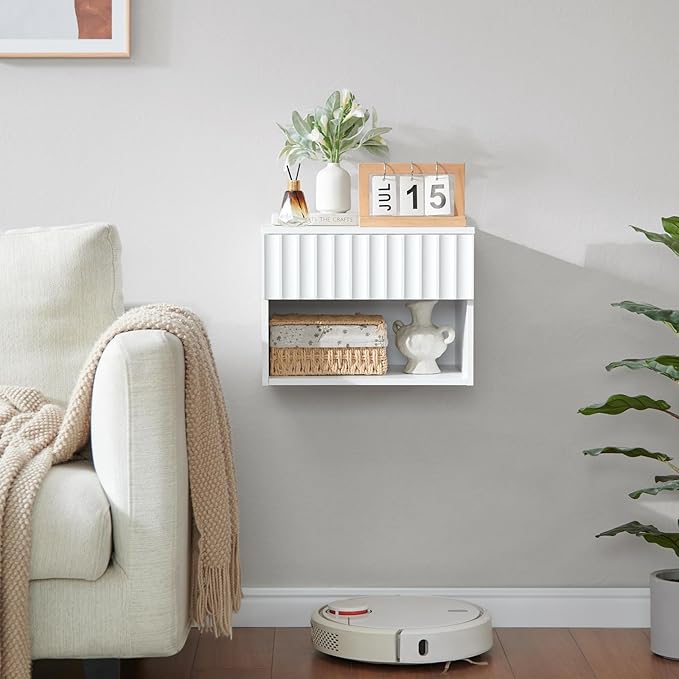 Floating Nightstand with Fluted Drawer - Modern Wall Mounted Bedside Table with Open Storage Shelf, Small Night Stand TV Stand for Bedroom(Matte White, Set of 2)