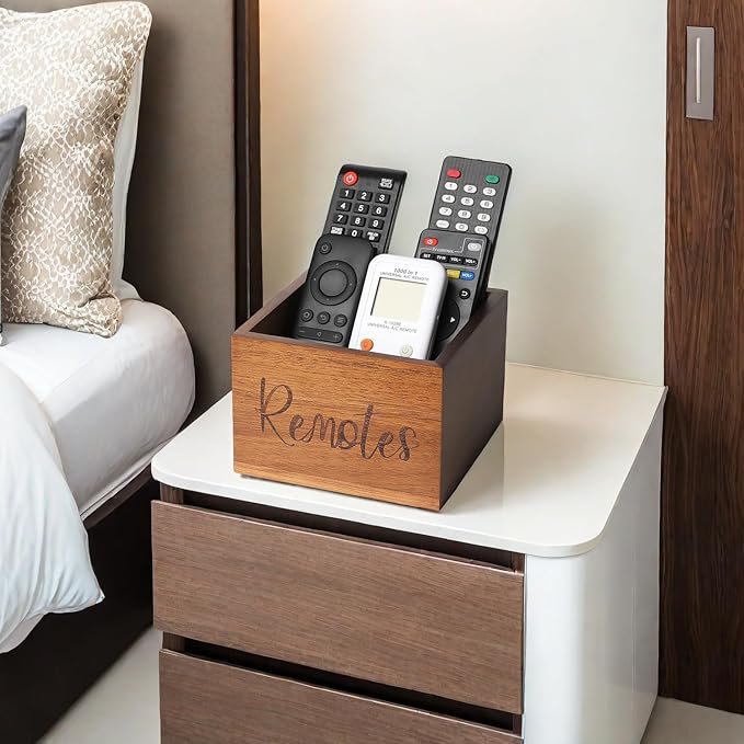 Acacia Wood Remote Control Holder Caddy, TV Organizer for Table, Vintage Farmhouse Desk Caddy (Brown for 3+ Controls)