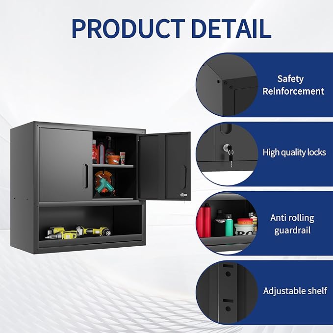 Metal Wall Cabinet, Garage Wall Cabinet with Adjustable Shelf for Garage, Tool Room, Kitchen, Assembly Required(Black)