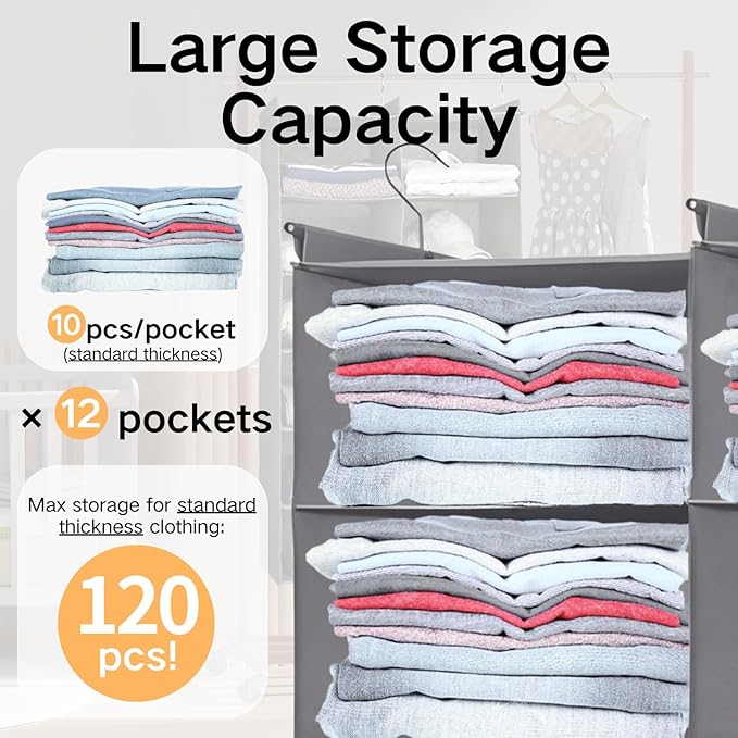 Dual-Row Hanging Closet Organizer – Foldable Clothes Storage Shelves with 3 Hooks, Space-Saving Wardrobe Organizer for Dorm Rooms, Bedroom or Closet (Grey, 6 Tier)