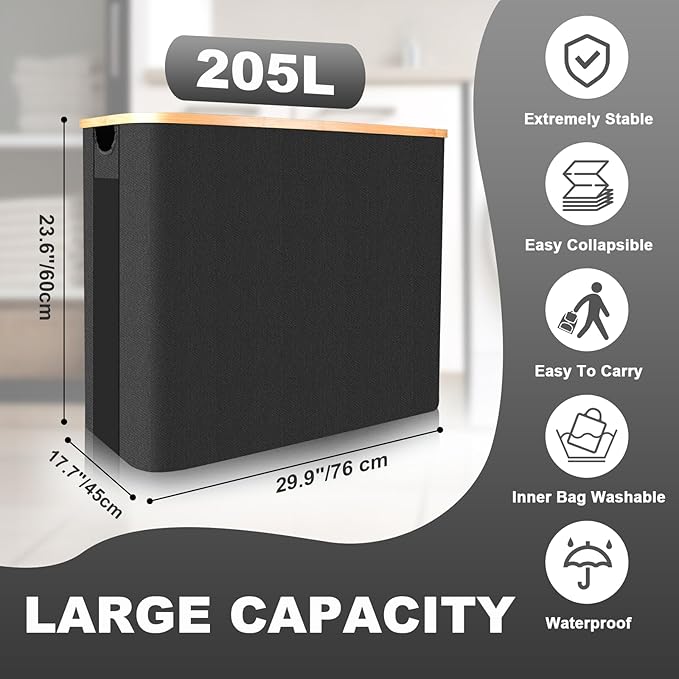 Large Laundry Hamper with Lid 205L,Collapsible 2-Section Dirty Clothes Basket Organizer for Bathroom, Bedroom & Laundry Room - Waterproof, Easy Sort, Foldable Storage Solution