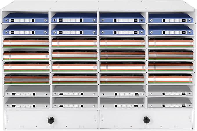 Literature Organizer 32 Slots Office Mailbox Cubbies PVC Desk Mail Sorter Organizer with Adjustable Panels & 2 Drawers for Office, Home, Classroom, Mailrooms, Bearing 110lbs (White)
