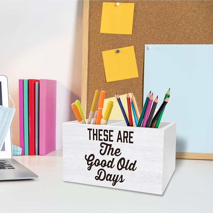 Inspirational Pen Holder for Desk, Motivational Quote Pencil Organizer, These Are the Good Old Days Positive Affirmation Wooden Box Sign Desk Decor for Home Office Decoration