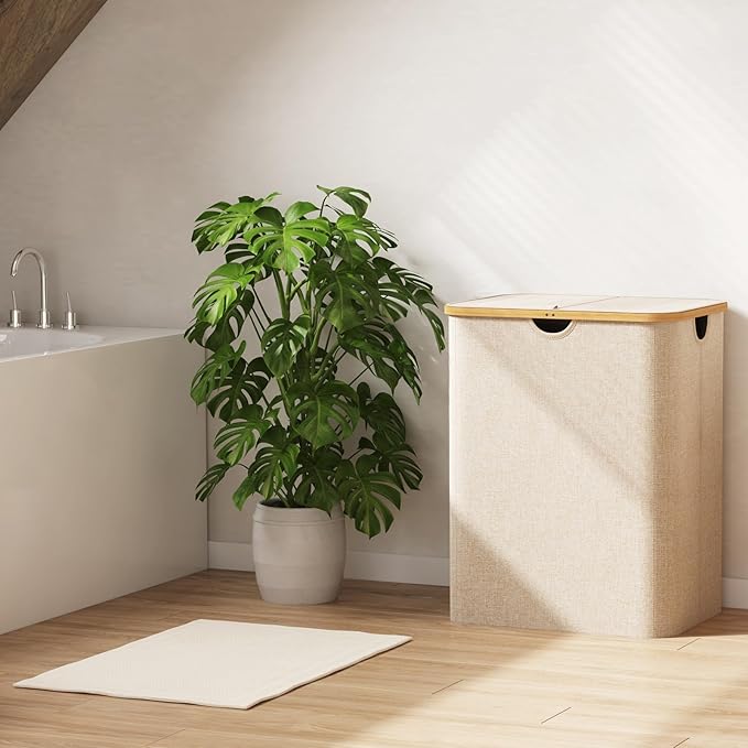 Lifewit 120L Large Laundry Hamper with Lid, Foldable 2 Section Laundry Basket with Bamboo Handles and Removable Bags for Laundry Room, Bathroom, Bedroom, Beige