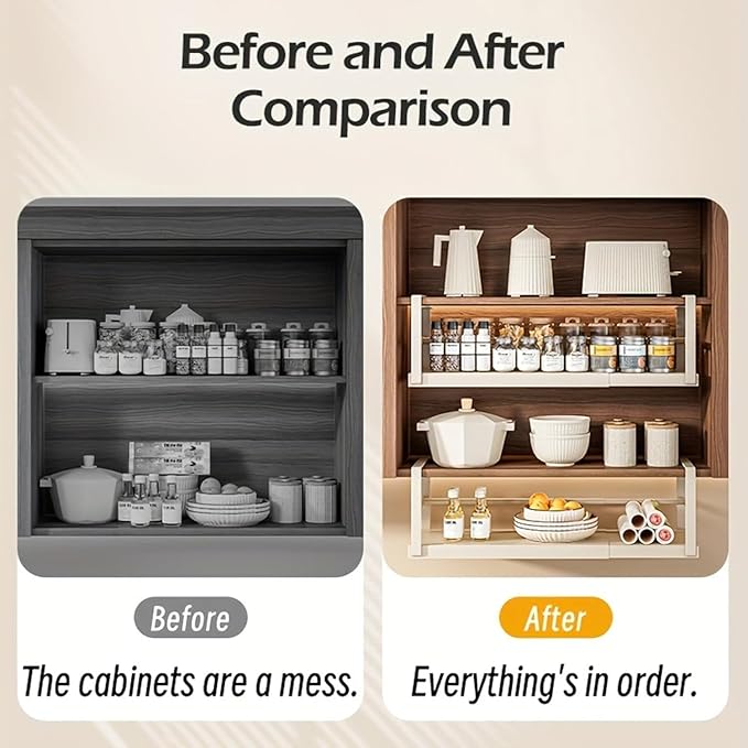 Hanging Under Shelf Storage Basket, Adjustable Width Under Cabinet Add-on Storage Racks, Heavy Duty Slide-in Baskets Organizer for Cabinet Pantry Kitchen, 1 Pack, 8.46"D x 17.7"W x 7.36"H