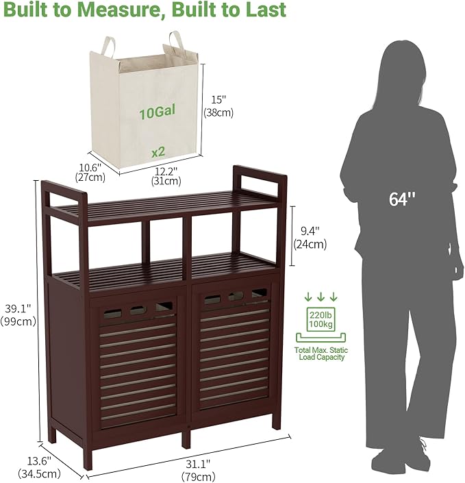 Homykic Tilt Out Laundry Hamper Cabinet, Bamboo Double Laundry Hamper with 2 Removable Laundry Baskets, 20 Gal Laundry Sorter Organizer with Shelf for Dirty Clothes, Bathroom, Laundry Room, Espresso
