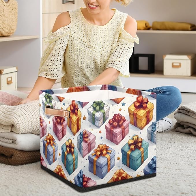 TropicalLife 13x13x13 Inch Large Fabric Storage Cube Holiday Gifts Box Pattern Foldable Storage Bin with Handles Organizer Boxes Cube Basket for Shelves Organizing Closet