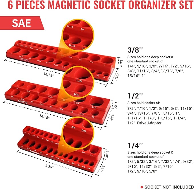 6-Piece Magnetic Socket Organizer Set, Magnetic Socket Holder Includes 1/4", 3/8", 1/2" Drive Metric SAE Socket Trays,Holds Standard and Deep Sockets (6-Piece Magnetic Socket Organizer)