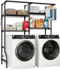U14 Medium Over the Washer and Dryer Shelves, 4 Tiers Laundry Room Storage and Organizer System, Space Saving Clothes Drying Rack with 2 Clothes Hanger Rods, 57.8"W x 20.5"D x 77.4"H, Black