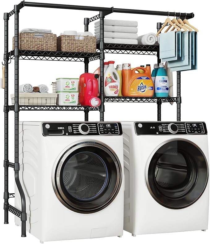 U14 Medium Over the Washer and Dryer Shelves, 4 Tiers Laundry Room Storage and Organizer System, Space Saving Clothes Drying Rack with 2 Clothes Hanger Rods, 57.8"W x 20.5"D x 77.4"H, Black
