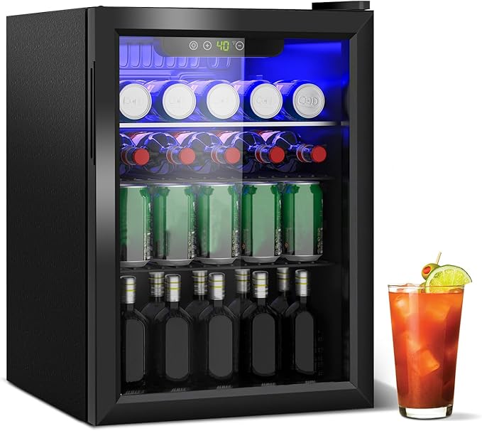Stopasd Beverage Refrigerator Cooler, 2.6 Cu.Ft/95 Can Drink Fridge with Adjustable Shelves & Glass Door for Soda Wine Beer, Quiet Undercounter Small Fridge for Home/Office/Bar/Garage(40-61 ℉), Black