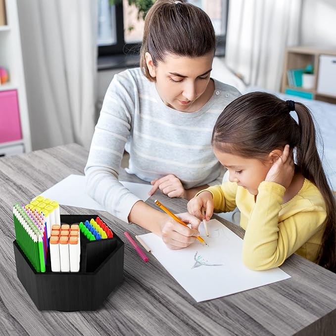 Houtingmaan Art Caddy Organizer for Kids, Bamboo Pencil Organizer with 7 Compartments, Pen Storage, Marker Holder, Desk Caddy, Black
