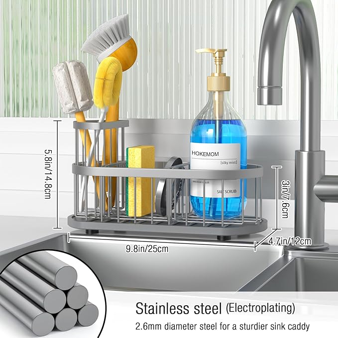 Kitchen Sink Organizer with Sponge Holder & Brush Holder - Drain-Free Non-Slip Base, 2.6mm Stainless Steel with Silver Rust-Resistant Coating - Easy Install & Clean Kitchen Sink Caddy