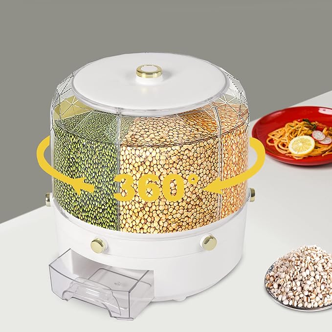 Cereal Dispenser Countertop 360° Rotating Grain Storage Container 13.2 Lbs Rice Dispenser 6 Grids Dry Food Dispenser Candy Dispensers Countertop for Small Grains, Beans, Rice