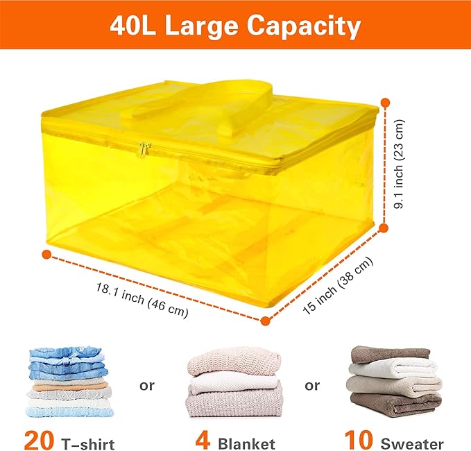 Vieshful 40L Yellow Clear Clothes Storage Bag Colorful Clothes Organizer with Zipper Vinyl Storage Bag for Comforter, Blanket, Bedding, Duvet, Transparent Moving Totes 3 Pack